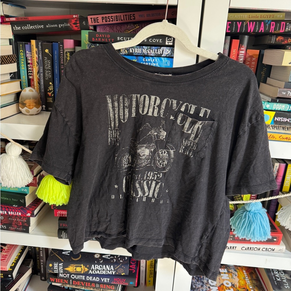 Urban Nation Black Graphic Motorcycle distressed vintage T-Shirt tee cropped top